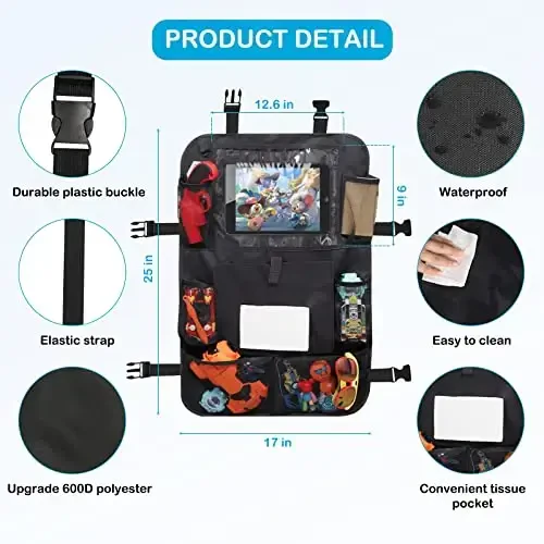 Car Storage Organizer 2 PCS,Car Backseat Organizer for Kids with 10.5 inch Tablet Holder kick mats back seat protector Cover with 9 Storage Pockets for Snacks Drinks Toys,Car Road Trip Accessories - 3