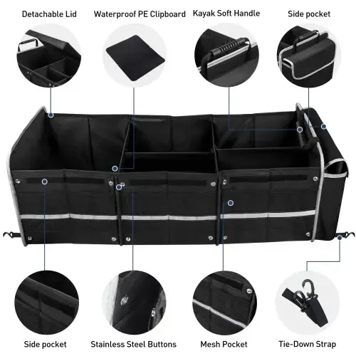 Car Storage Organizer, Collapsible Multi Compartment SUV Trunk Organizer with Leakproof Insulated Bag, Adjustable Securing Straps, Foldable Cover, Trunk Storage Box for Car, SUV, Truck, or Van - 3