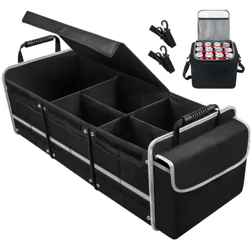 Car Storage Organizer, Collapsible Multi Compartment SUV Trunk Organizer with Leakproof Insulated Bag, Adjustable Securing Straps, Foldable Cover, Trunk Storage Box for Car, SUV, Truck, or Van - 6