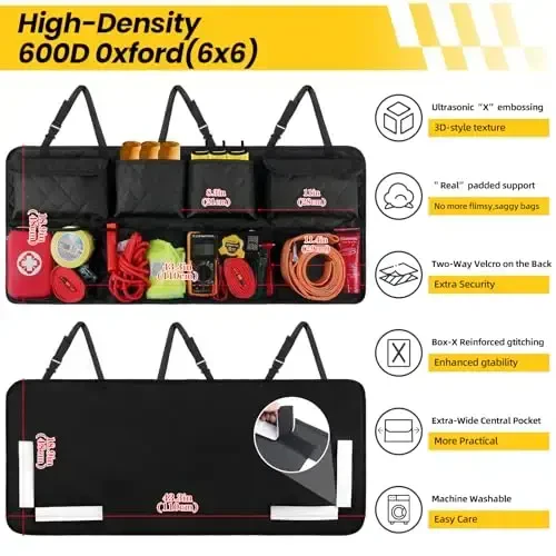 Car Trunk Hanging Organizer 3D Textured (Extra-Long), Cotton-Padded Farewell to Collapse, Reinforced Stitching, Extra-Wide Pocket, Backseat Grocery Storage Bag with 8 Pockets for SUV,Truck,Van - 4