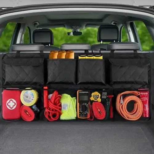 Car Trunk Hanging Organizer 3D Textured Ripple Design, Cotton-Padded Farewell to Collapse, Reinforced Stitching, Extra-Wide Pocket, Backseat Grocery Storage Bag with 8 Pockets for SUV,Truck,Van 