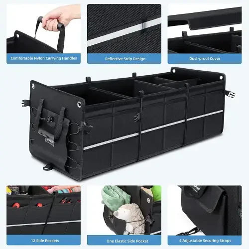 Car Trunk Organizer 110L, Collapsible Large Storage Box with Cooler Bag for Cars, Black - 5