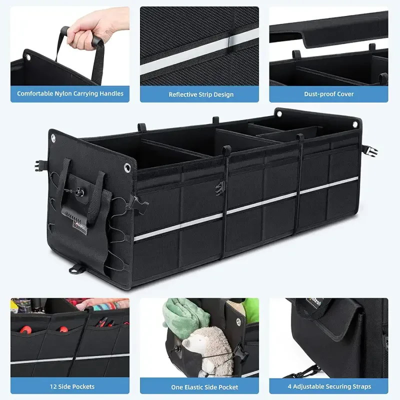 Car Trunk Organizer 110L, Collapsible Large Storage Box with Cooler Bag for Cars, Black - 5