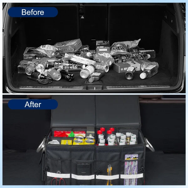 Car Trunk Organizer for SUV, Lychee Collapsible Multi Compartments Trunk Vehicle Organizer, Waterproof Car Storage Organizer with Foldable Lid, Aluminium Handle, Non Slip Bottom (Black) - LYCHEE