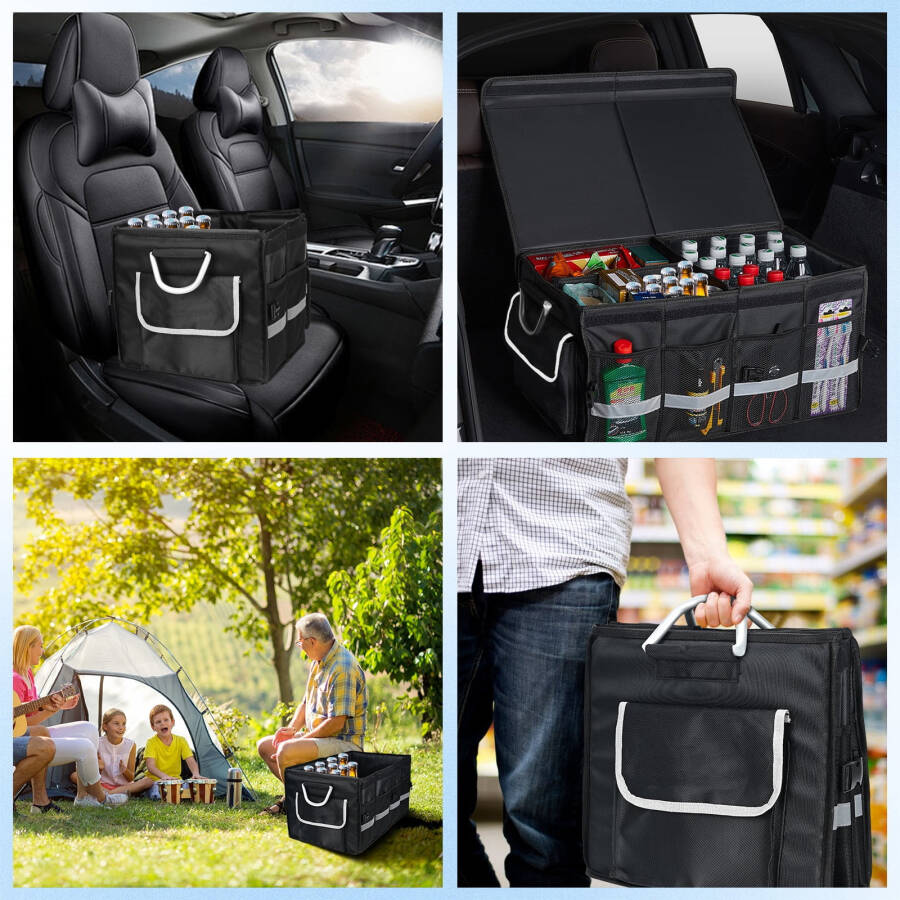 Car Trunk Organizer for SUV, Lychee Collapsible Multi Compartments Trunk Vehicle Organizer, Waterproof Car Storage Organizer with Foldable Lid, Aluminium Handle, Non Slip Bottom (Black) - 4