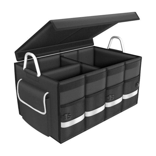 Car Trunk Organizer for SUV, Lychee Collapsible Multi Compartments Trunk Vehicle Organizer, Waterproof Car Storage Organizer with Foldable Lid, Aluminium Handle, Non Slip Bottom (Black) - 7