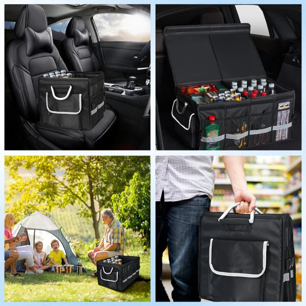 Car Trunk Organizer for SUV, Lychee Collapsible Multi Compartments Trunk Vehicle Organizer, Waterproof Car Storage Organizer with Foldable Lid, Aluminium Handle, Non Slip Bottom (Black) - 4
