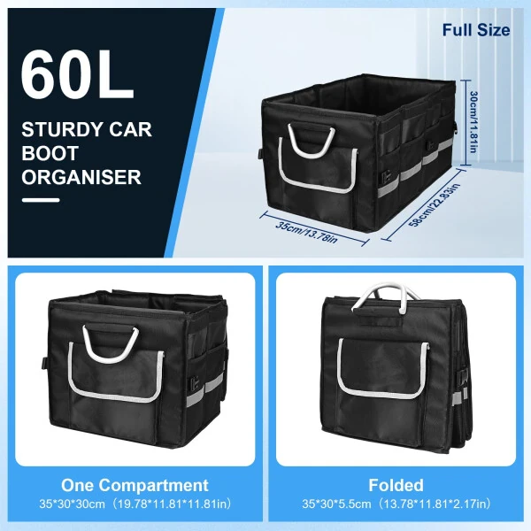 Car Trunk Organizer for SUV, Lychee Collapsible Multi Compartments Trunk Vehicle Organizer, Waterproof Car Storage Organizer with Foldable Lid, Aluminium Handle, Non Slip Bottom (Black) - 5