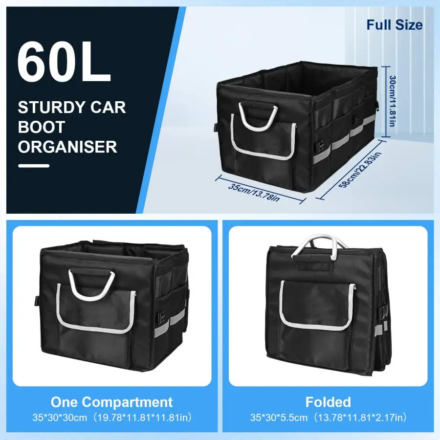 Car Trunk Organizer for SUV, Lychee Collapsible Multi Compartments Trunk Vehicle Organizer, Waterproof Car Storage Organizer with Foldable Lid, Aluminium Handle, Non Slip Bottom (Black) - 5
