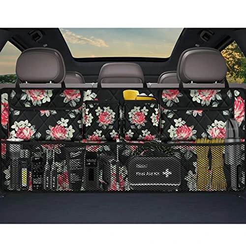 Car Trunk Organizer, Large Capacity Backseat Trunk Organizer (42''*18''), Collapsible Car Storage Bag with 8 Pocket, Car Organizer for SUV/MPV/Truck - Floral 