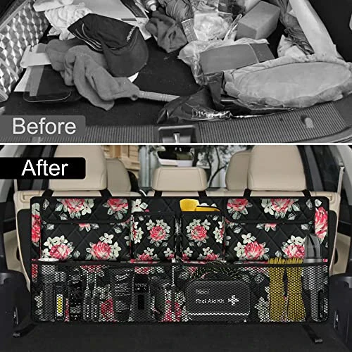 Car Trunk Organizer, Large Capacity Backseat Trunk Organizer (42''*18''), Collapsible Car Storage Bag with 8 Pocket, Car Organizer for SUV/MPV/Truck - Floral - 5