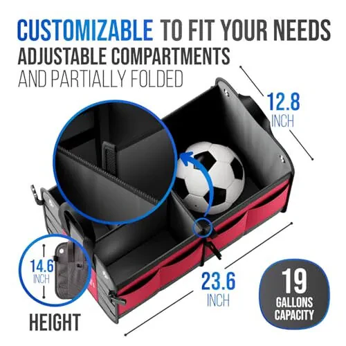 Car Trunk Organizer – Large Collapsible Storage Box with Adjustable Compartments – Heavy-Duty Cargo Organizer for SUV, Truck & Car – Non-Slip Waterproof Trunk Storage Bin for Groceries & Tools - 5