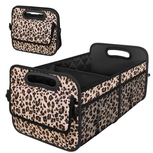 Car Trunk Organizer with 6 Big Pockets - 70L Waterproof Polyester Storage for SUVs, Minivans, Trucks - Car Accessory for Women and Men (Large, Leopard Print) - 1