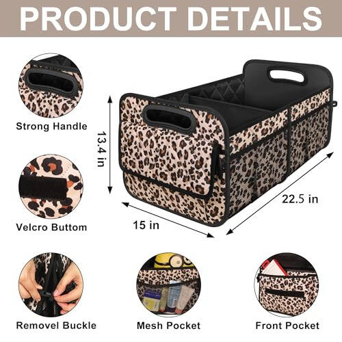 Car Trunk Organizer with 6 Big Pockets - 70L Waterproof Polyester Storage for SUVs, Minivans, Trucks - Car Accessory for Women and Men (Large, Leopard Print) - 3