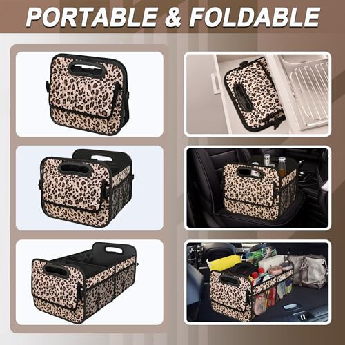 Car Trunk Organizer with 6 Big Pockets - 70L Waterproof Polyester Storage for SUVs, Minivans, Trucks - Car Accessory for Women and Men (Large, Leopard Print) - 4