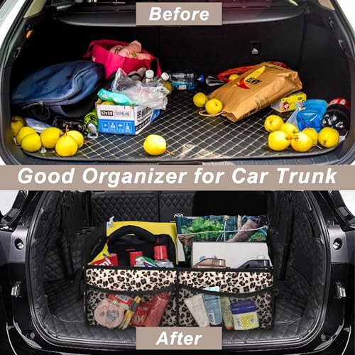 Car Trunk Organizer with 6 Big Pockets - 70L Waterproof Polyester Storage for SUVs, Minivans, Trucks - Car Accessory for Women and Men (Large, Leopard Print) - 5