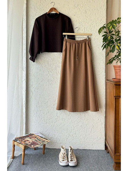 Caramel 2 Thread Sweat Skirt & Chocolate Ahsen Crop Set - 1