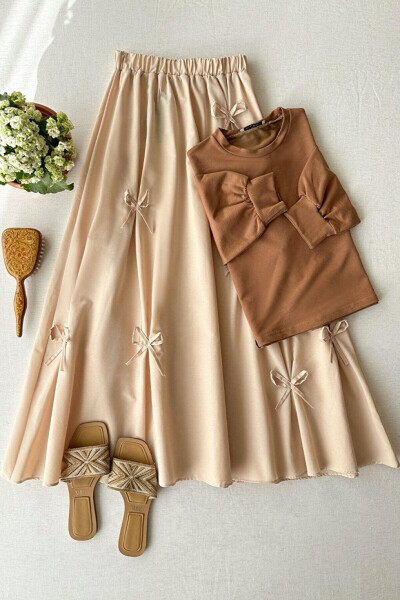 Caramel 2 Yarn Crop & Cream Bow Skirt Set - 2