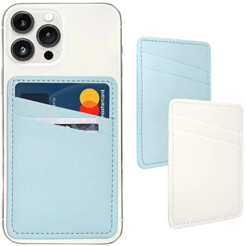Card Holder for Phone Case, Phone Card Holder Leather, Dual Pocket Phone Wallet Stick On for iPhone, Android Cell Phone - White Blue - Limvory