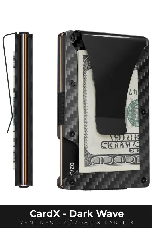 Cardx - Dark Wave Klipsler - Karbon Fiber Cüzdan & Kartlık - Para Tutma Klipsi, RFID Engelleme (SİYAH) - LOUISE MOTTO