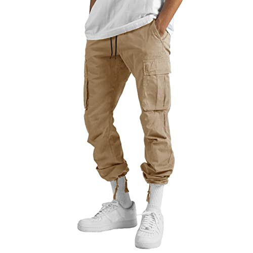 Cargo Pants for Men Multi Woven Pockets Foot Rope Solid Color Trousers Casual Hiking Joggers Fashion Pantalones - 1