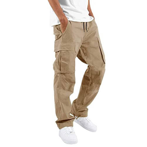 Cargo Pants for Men Multi Woven Pockets Foot Rope Solid Color Trousers Casual Hiking Joggers Fashion Pantalones - 2