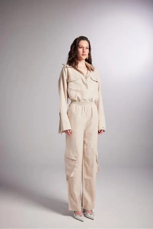 Cargo Pocket Elastic Waist Julia Pants Beige - 5