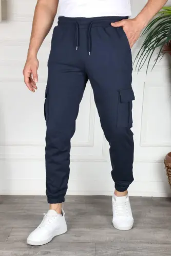 Cargo Pocket Unisex Jogger Pants with Elastic Hem - Navy Blue - 1