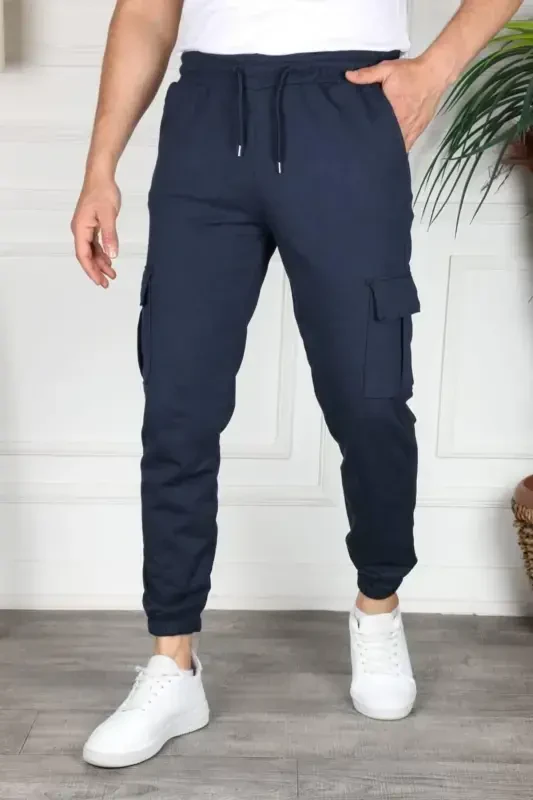 Cargo Pocket Unisex Jogger Pants with Elastic Hem - Navy Blue - STRAW