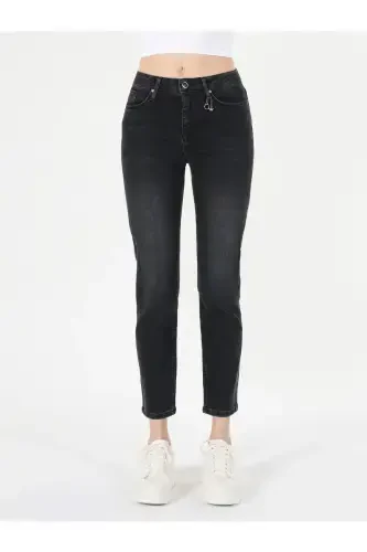 Slim Fit Orta Bel Düz Paça Kadın Siyah Jean Pantolon - 4