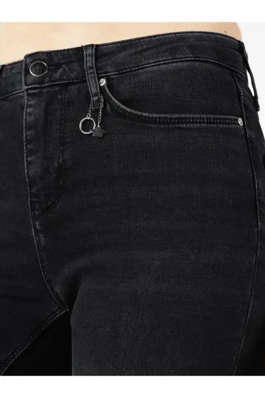 Slim Fit Orta Bel Düz Paça Kadın Siyah Jean Pantolon - 6