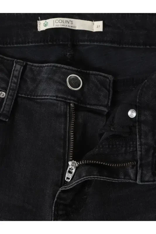 Slim Fit Orta Bel Düz Paça Kadın Siyah Jean Pantolon - 8