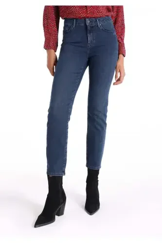 Slim Fit Orta Bel Düz Paça Kadın İndigo Fermuarlı Jean Pantolon - 4