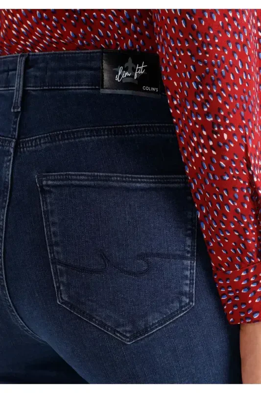 Slim Fit Orta Bel Düz Paça Kadın İndigo Fermuarlı Jean Pantolon - 6