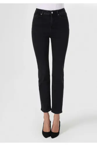 Slim Fit Orta Bel Düz Paça Kadın Siyah Fermuarlı Jean Pantolon - DALE WASH - 4