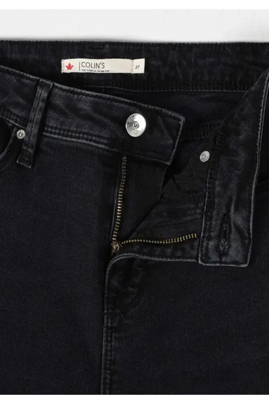Slim Fit Orta Bel Düz Paça Kadın Siyah Fermuarlı Jean Pantolon - DALE WASH - 7