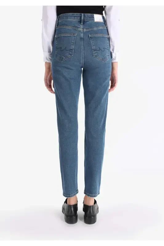 Carla Straight Leg Mid Rise Blue Denim Women's Pants - 2