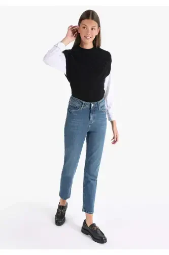 Carla Straight Leg Mid Rise Blue Denim Women's Pants - 3