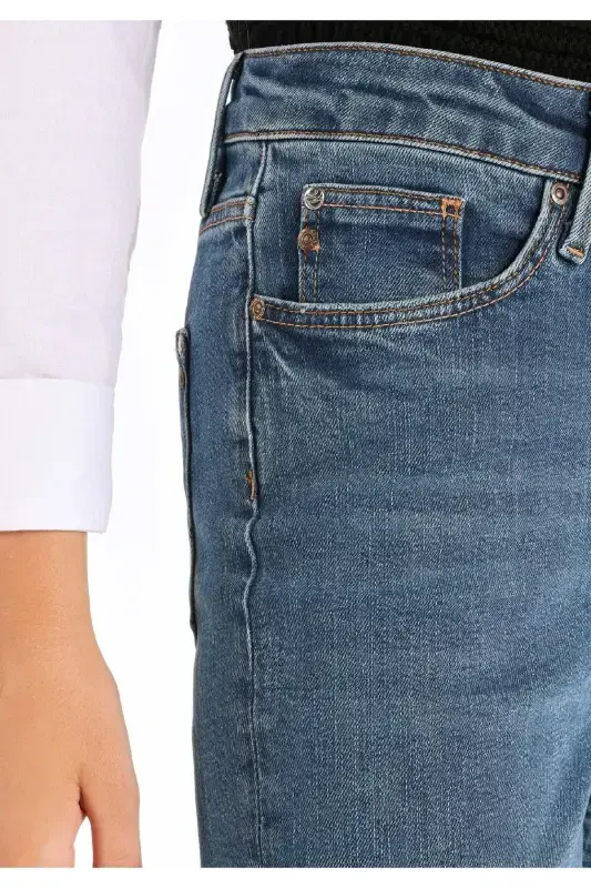 Carla Straight Leg Mid Rise Blue Denim Women's Pants - 5