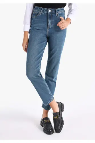Carla Straight Leg Mid Rise Blue Denim Women's Pants - 4