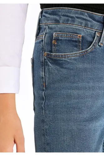 Carla Straight Leg Mid Rise Blue Denim Women's Pants - 5