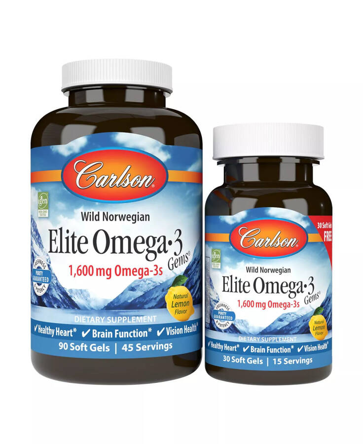 Carlson - Elite Omega-3 Gems, 1600 mg Omega-3s, Norwegian, Wild Caught, Sustainably Sourced, Lemon, Bonus Bottle, 90 + 30 Softgels No Color - 1