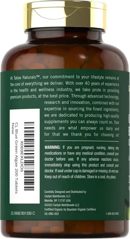 Carlyle tomonidan ishlab chiqarilgan Tahoe Naturals brendi | 250 mg li Xlorellaning ko'k-yashil suv o'tlari | 200 tabletka | Vegeterian, GDOsiz, Glutensiz qo'shimcha - 2