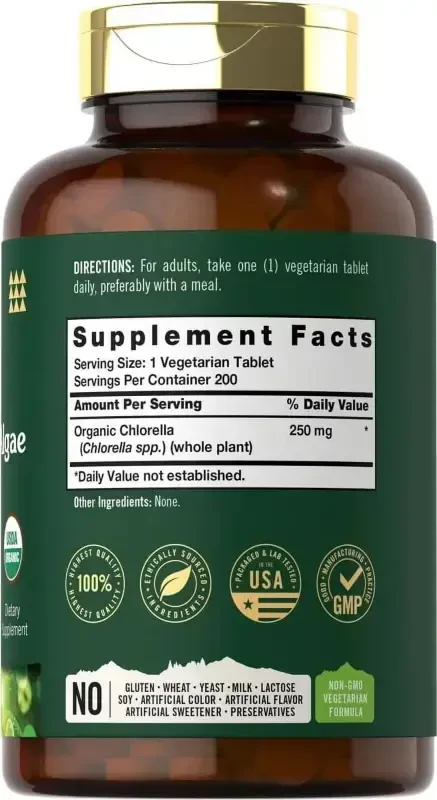 Carlyle tomonidan ishlab chiqarilgan Tahoe Naturals brendi | 250 mg li Xlorellaning ko'k-yashil suv o'tlari | 200 tabletka | Vegeterian, GDOsiz, Glutensiz qo'shimcha - 4