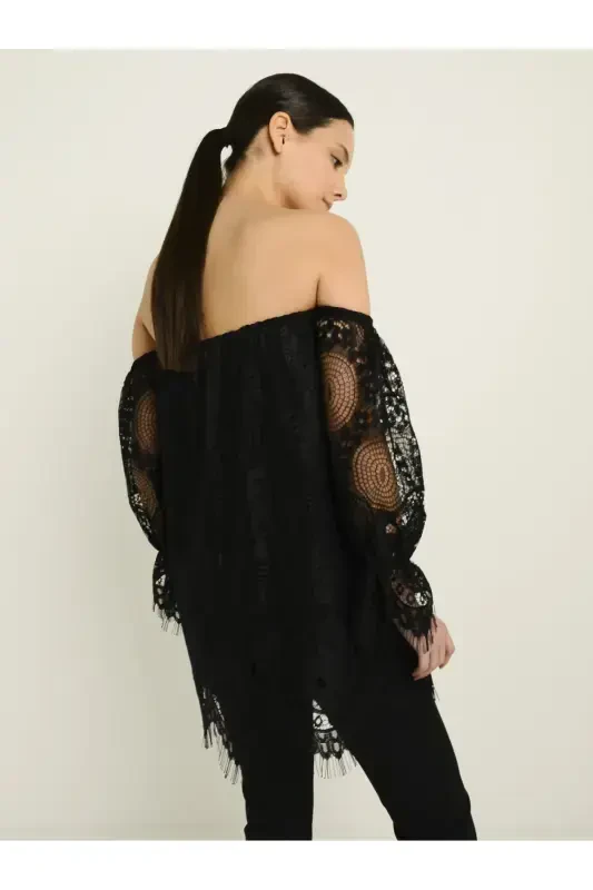 Carmen Neckline Lace Insert Sleeve Black Blouse 27792 - 2