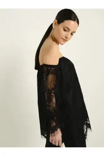 Carmen Neckline Lace Insert Sleeve Black Blouse 27792 - 3