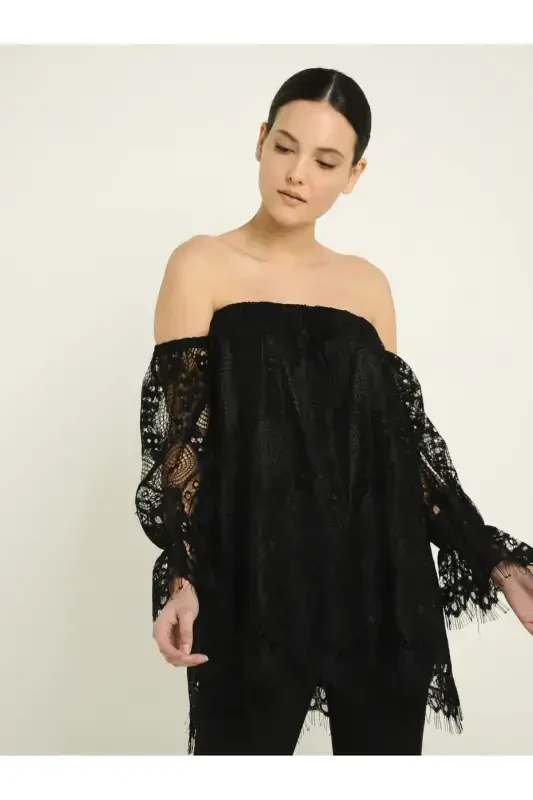Carmen Neckline Lace Insert Sleeve Black Blouse 27792 - 4
