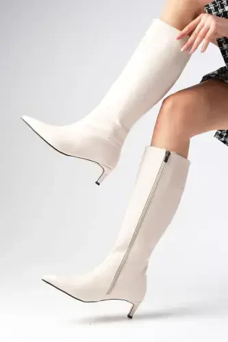 Carolina Beige Zippered, Thin Faux Fur Lined Short Heeled Women's Boot-Beige - 1