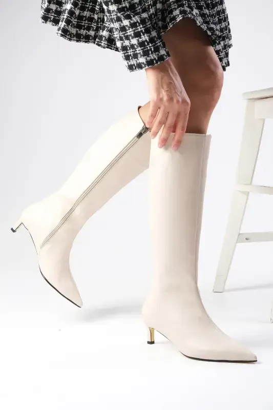 Carolina Beige Zippered, Thin Faux Fur Lined Short Heeled Women's Boot-Beige - 3