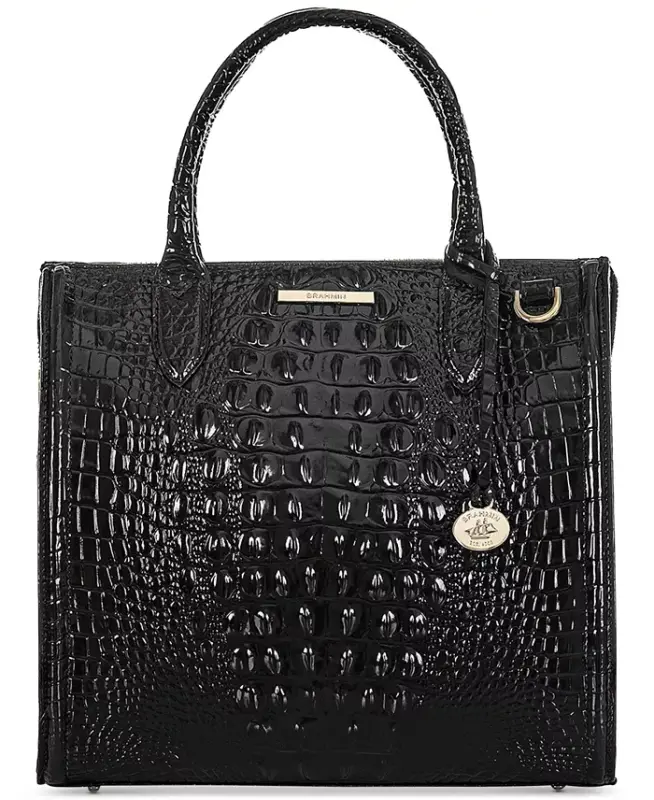 Caroline Melbourne Embossed Leather Satchel-Black/Gold - 1